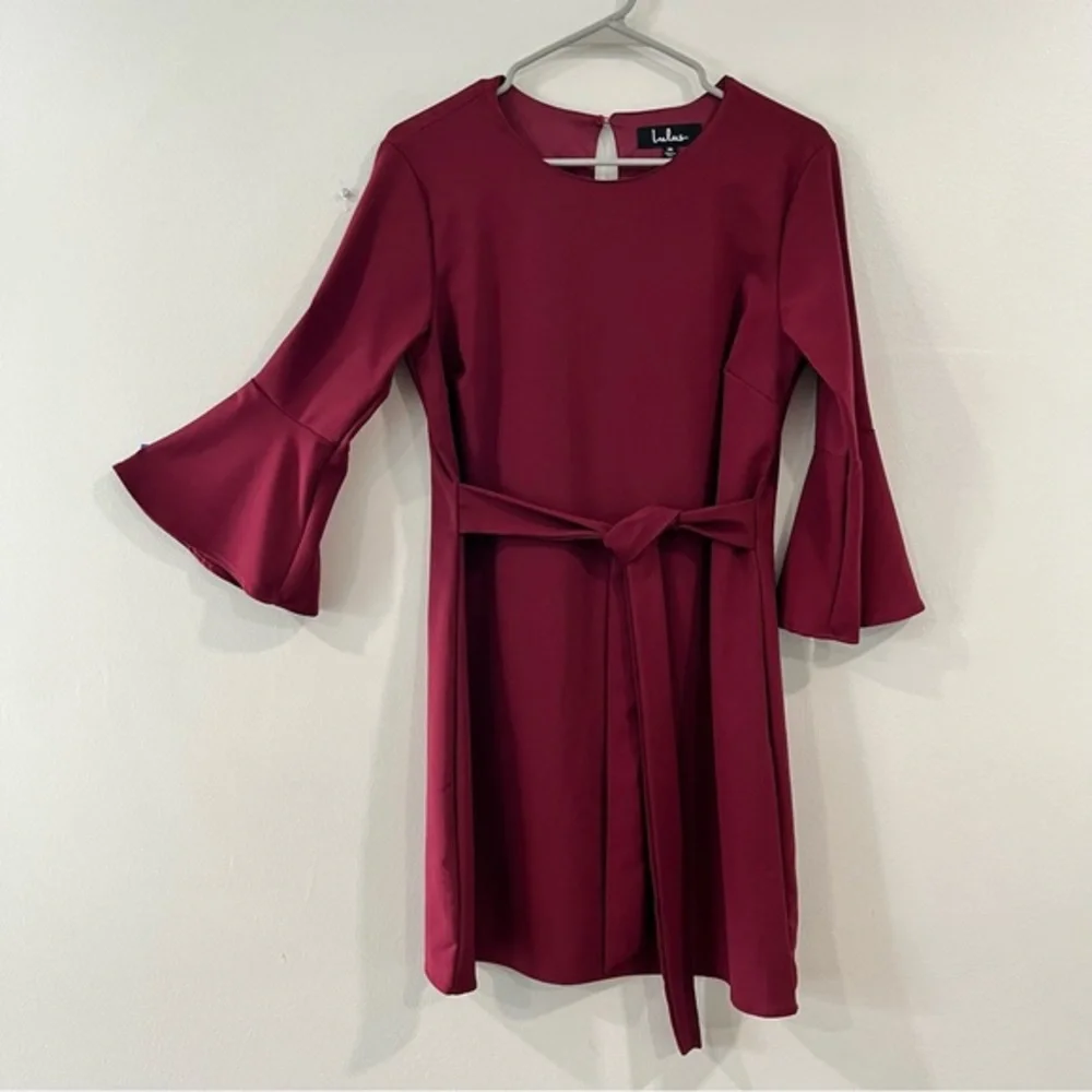 Lulus Last Love Song Burgundy Tie Waist‎ 3/4 Bell Sleeve Dress MEDIUM